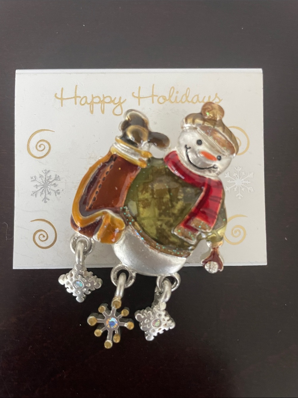 Holiday Snowman Brooch in Red, Green & Gold - Festive Women’s Pin